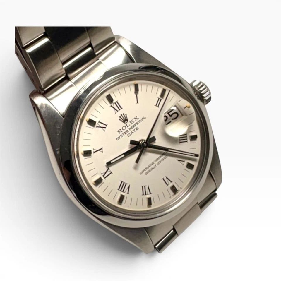 ROLEX DATE 34 MM STEEL WHITE ROMAN OYSTER AUTOMATIC WATCH 1500 CIRCA 1978 (1 of 2)