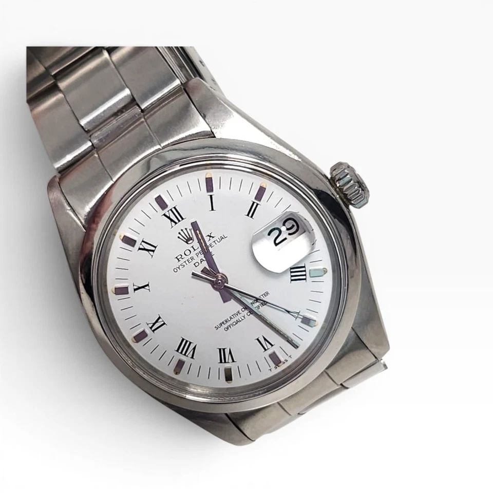 ROLEX DATE 34 MM STEEL WHITE ROMAN OYSTER AUTOMATIC WATCH 1500 CIRCA 1974 (1 of 2)