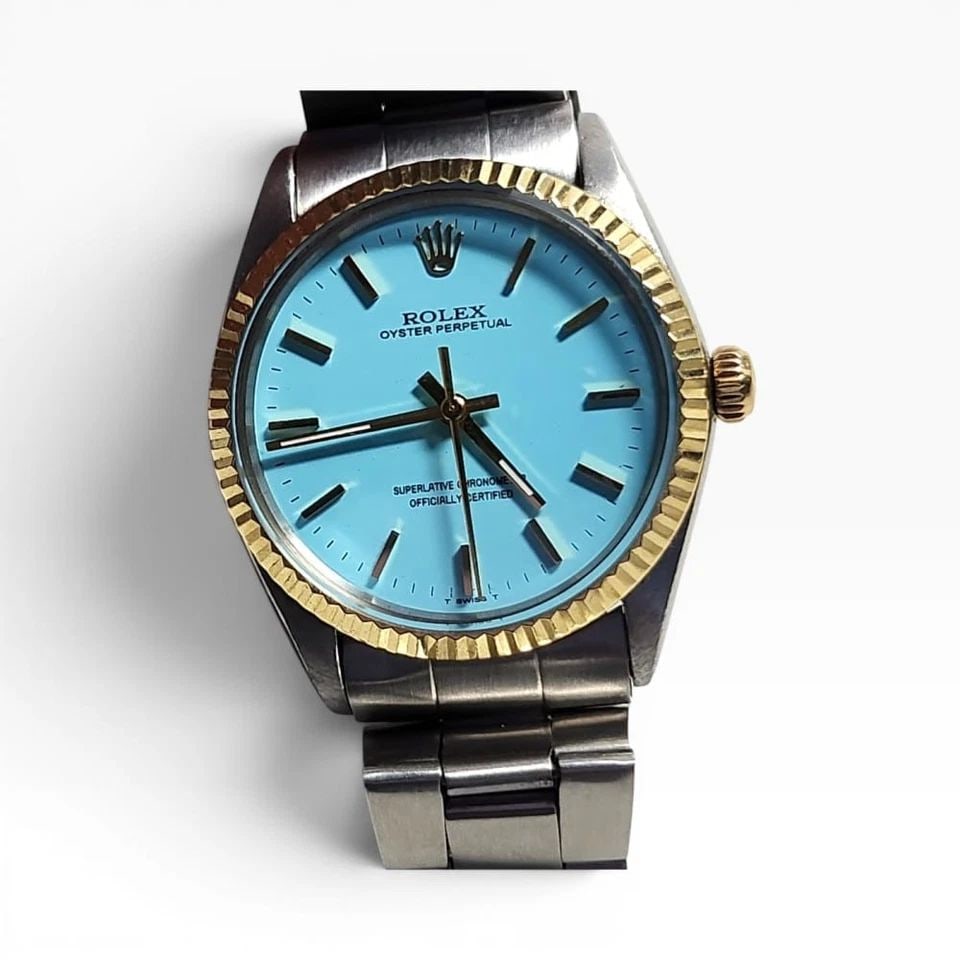 ROLEX OYSTER PERPETUAL 34 MM TWO TONE BLUE TURQUOISE DIAL WATCH 1002 CIRCA 1967 (1 of 2)