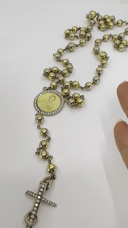 VINTAGE ROSARY 18K TWO TONE GOLD DIAMOND NECKLACE (1 of 2)