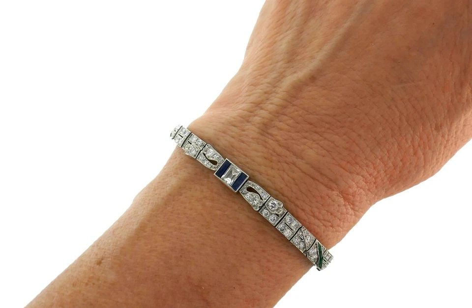ART DECO PLATINUM BRACELET DIAMOND SAPPHIRE EMERALD (1 of 2)