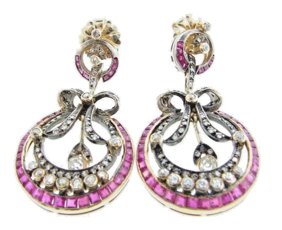 CIRCA 1950S VICTORIAN REVIVAL 14K YELLOW GOLD, SILVER, DIAMOND & RUBY EARRINGS (1 of 2)