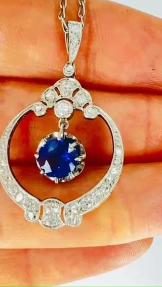 EDWARDIAN NECKLACE PLATINUM SAPPHIRE DIAMOND PENDANT VINTAGE JEWELRY ART DECO (1 of 2)