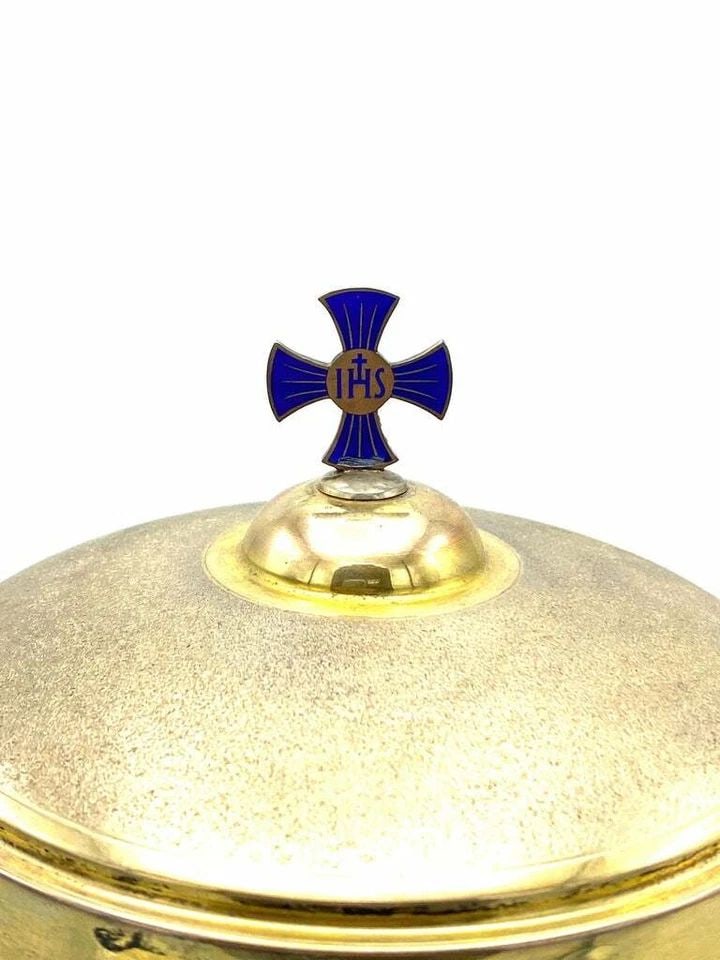ANTIQUE CHALICE SILVER AND BLUE ENAMEL CUP WITH LID (1 of 2)