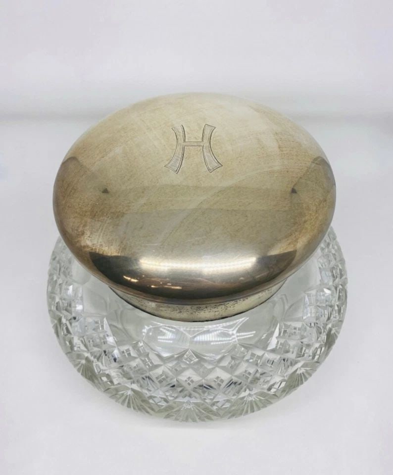 EDWARDIAN WOLLENVERER STERLING SILVER CARVED CRYSTAL VANITY JAR (1 of 2)
