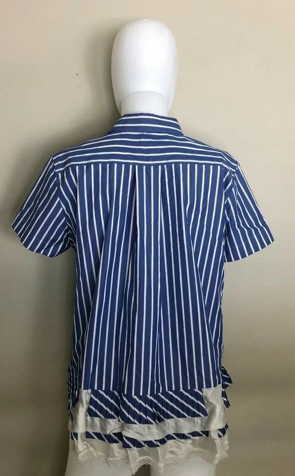 SACAI BLUE WHITE STRIPED LACE SHORT-SLEEVE BUTTON DOWN TOP BLOUSE SIZE 1 (1 of 2)