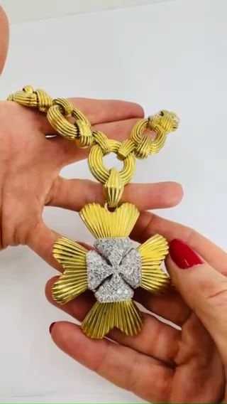 DAVID WEBB NECKLACE SAUTOIR CHAIN OVAL LINKS 18K GOLD PLATINUM DIAMOND BROOCH (1 of 2)