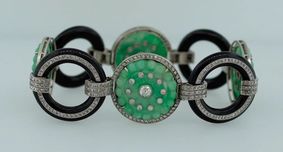 JADE BLACK ONYX DIAMOND PLATINUM BRACELET 1930S ART DECO (1 of 2)