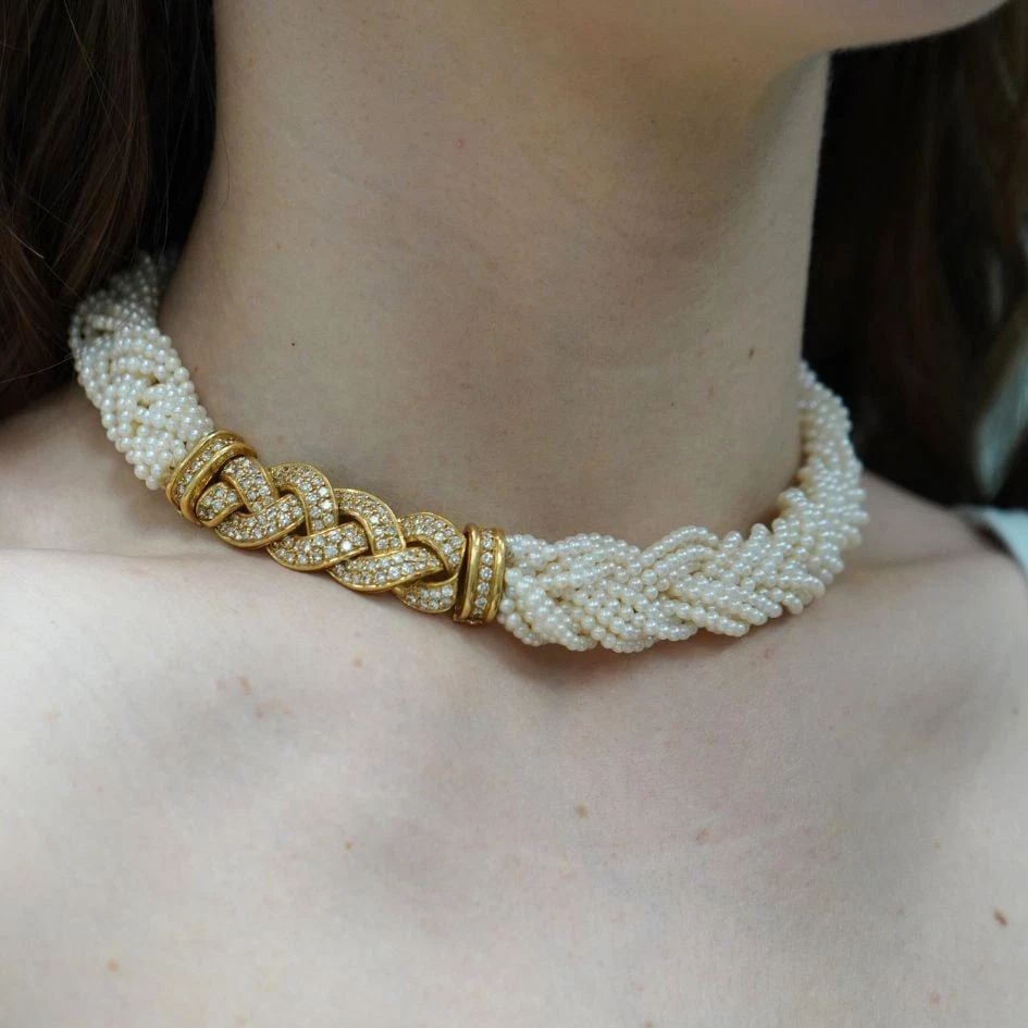 VINTAGE VAN CLEEF & ARPELS 18K GOLD DIAMOND CLASP BEADED NECKLACE SET (1 of 2)
