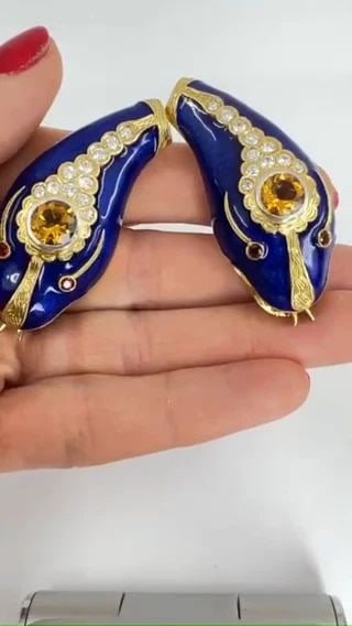 VINTAGE FRENCH 1950S SNAKE EARRINGS 18K GOLD PLATINUM BLUE ENAMEL GEMSTONES (1 of 2)