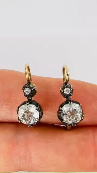 VICTORIAN 14K GOLD SILVER TWO-STONE DIAMOND EARRINGS OLD MINE CUT ANTIQUE (1 of 2)