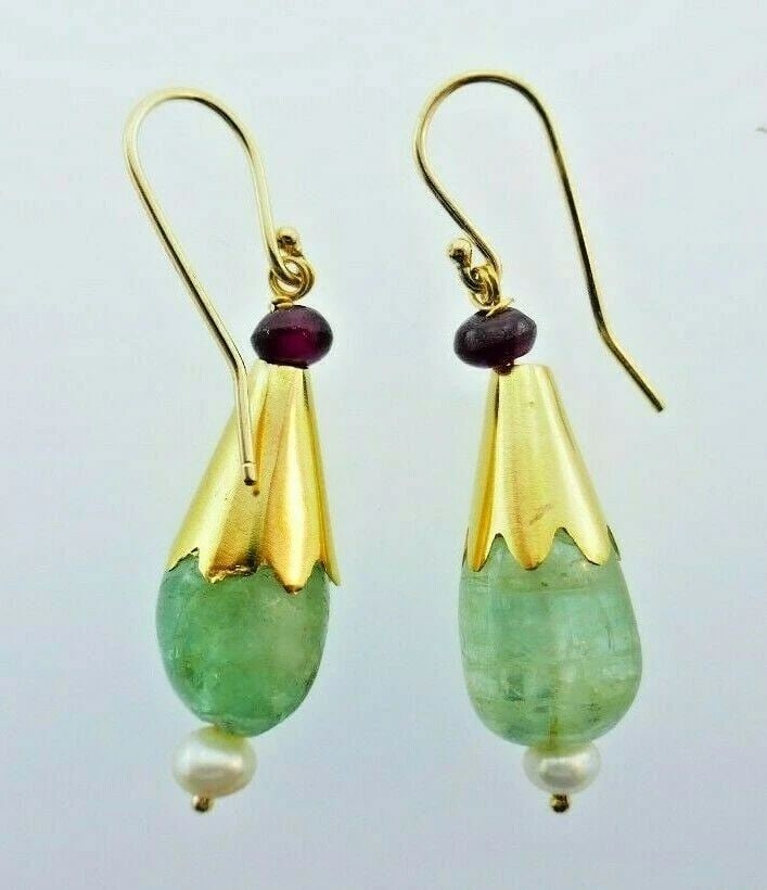 VINTAGE 18K YELLOW GOLD, CABOCHON EMERALD, TOURMALINE & PEARL DROP EARRINGS (1 of 2)