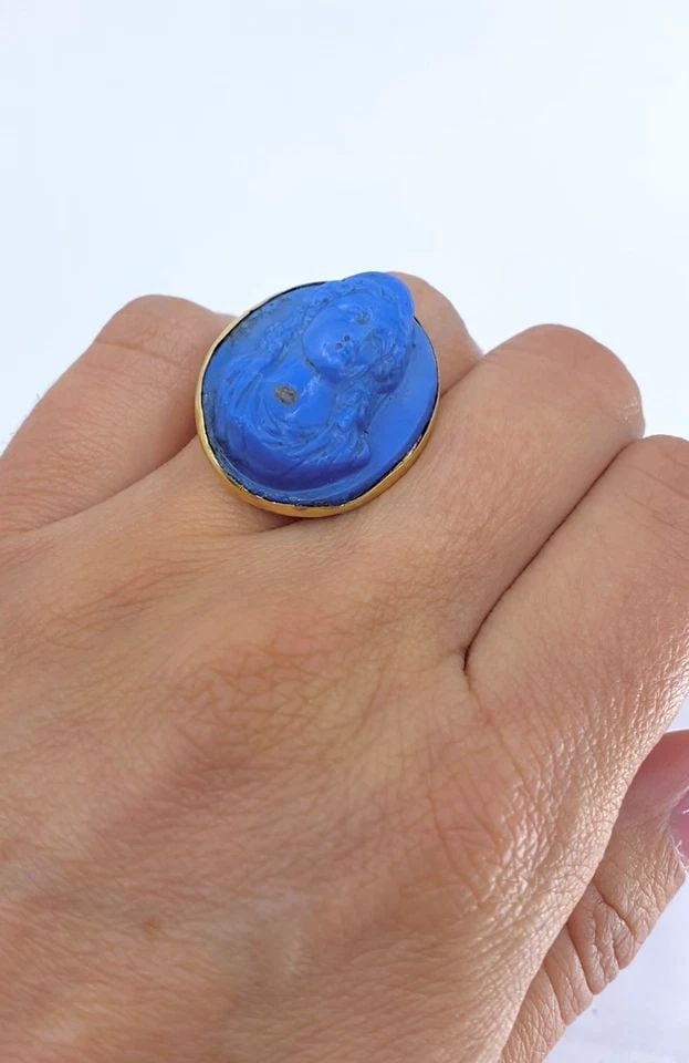 14K GOLD BLUE CARVED CAMEO CLASSICAL PORTRAIT RING (1 of 2)