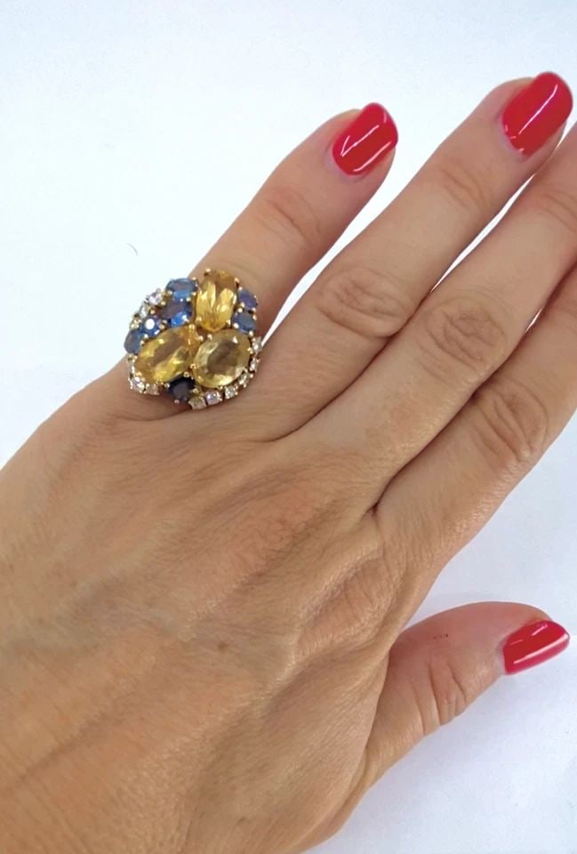 VINTAGE 14K GOLD IMPERIAL TOPAZ BLUE SAPPHIRE DIAMOND CLUSTER COCKTAIL RING (1 of 2)