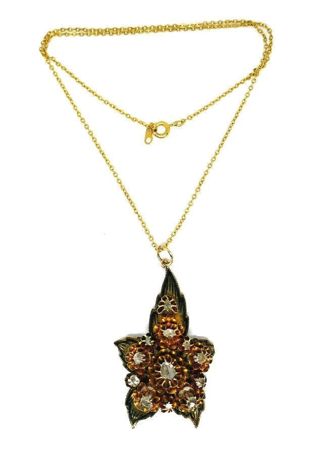 ANTIQUE 14K YELLOW GOLD DIAMOND ENAMEL FLOWER PENDANT CHAIN NECKLACE (1 of 2)