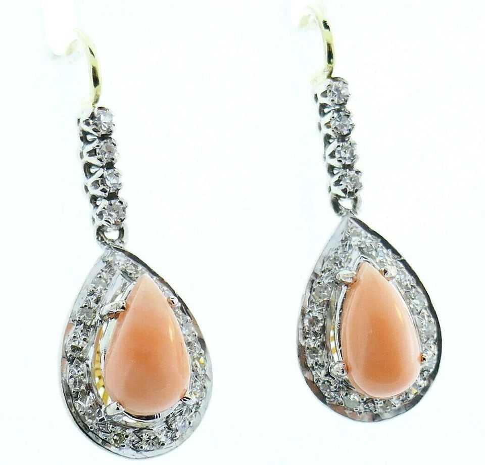 VINTAGE 14K WHITE AND YELLOW GOLD PINK CORAL AND DIAMOND DANGLE DROP EARRINGS (1 of 2)