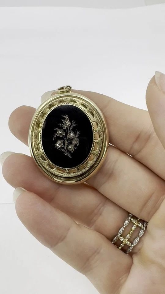 VICTORIAN 14K GOLD ENAMEL ROSE CUT DIAMOND PENDANT: VICTORIAN 14K GOLD ENAMEL ROSE CUT DIAMOND PENDANT KL ROO This Victorian era 14k yellow gold enamel and diamond pendant dates to the late 19th century, circa 1880s to 1900. The front features a black 