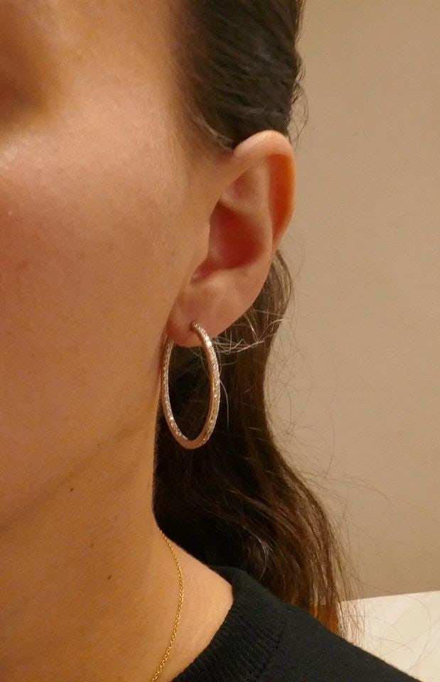 VINTAGE DIAMOND WHITE GOLD HOOP EARRINGS: VINTAGE DIAMOND WHITE GOLD HOOP EARRINGS Diamond 14 karat White Gold Hoop Earrings Timeless and wearable hoop earrings. Made of 14 karat white gold and set with round brilliant cut diamonds (I-J color