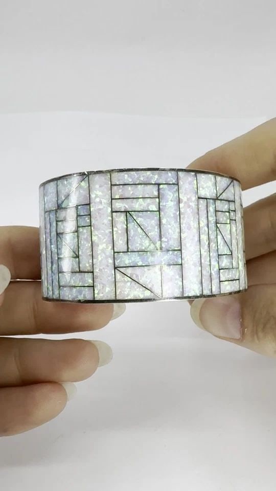 VINTAGE STERLING SILVER OPAL INLAY CUFF BRACELET, SIGNED JLS (1 of 2)