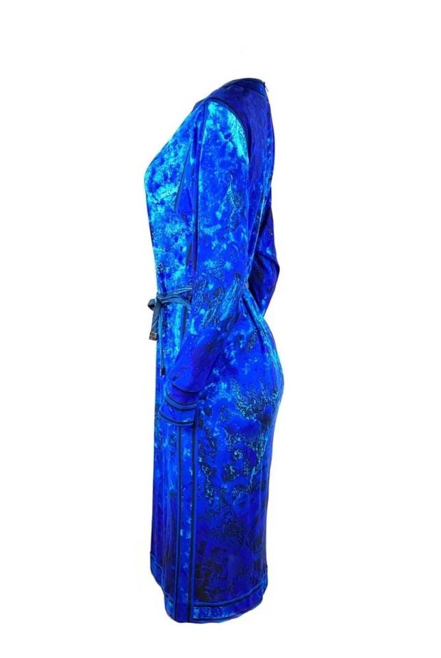 VINTAGE LEONARD PARIS BLUE AQUA LONG SLEEVES MIDI DRESS W/ BELT: VINTAGE LEONARD PARIS BLUE AQUA LONG SLEEVES MIDI DRESS W/ BELT VINTAGE LEONARD PARIS BLUE AQUA LONG SLEEVES MIDI DRESS W/ BELT Vintage LEONARD Paris Blue Aqua Long Sleeves Midi Dress w/ Belt Product 