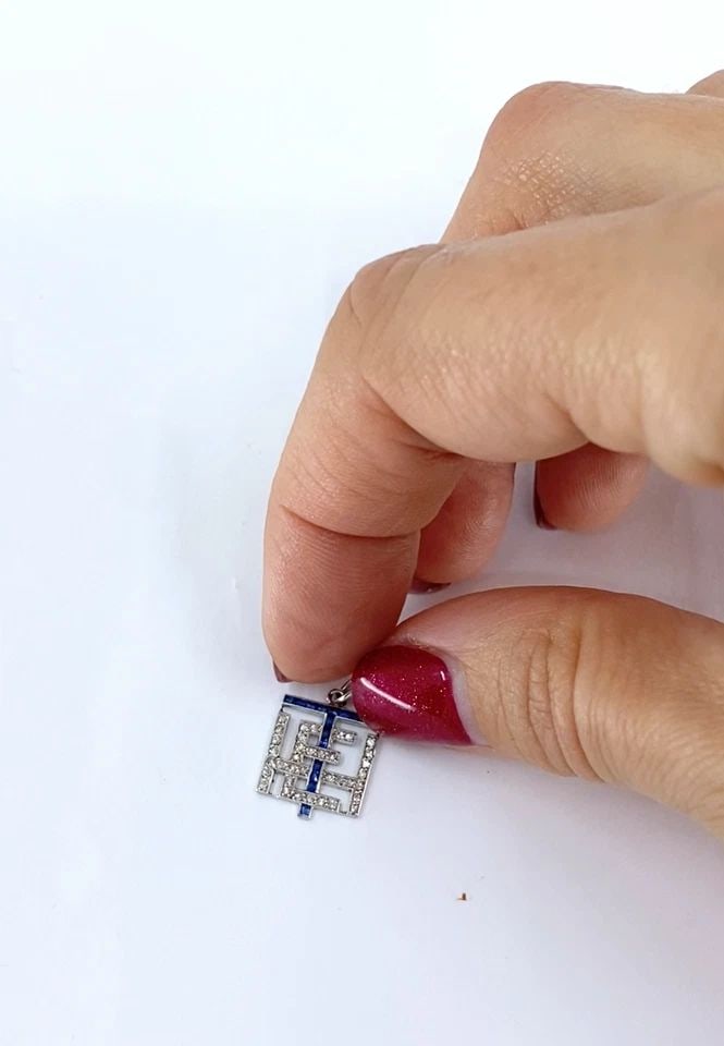 ANTIQUE PLATINUM DIAMOND SAPPHIRE GEOMETRIC PENDANT CHARM (1 of 2)