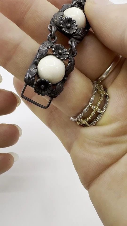VINTAGE N.E. FROM DENMARK STERLING SILVER BONE CABOCHON BRACELET (1 of 2)