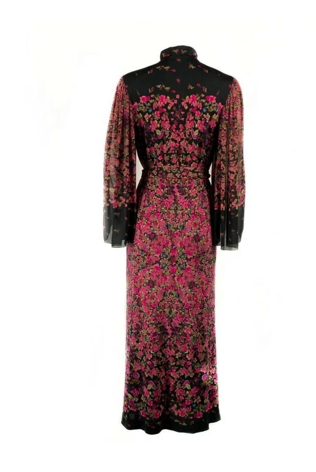 VINTAGE LEONARD BLACK AND PINK FLORAL MAXI DRESS W/ BELT: VINTAGE LEONARD BLACK AND PINK FLORAL MAXI DRESS W/ BELT VINTAGE LEONARD BLACK AND PINK FLORAL MAXI DRESS W/ BELT Six black and purple buttons down front closure Collar measures 2 inches high Belt mea