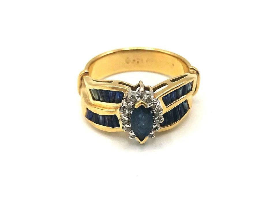 14K YELLOW GOLD MARQUISE SAPPHIRE DIAMOND TURBAN RING: Nadine Krakov Collection Fine Jewelry, Arts & Antiques 9454 Wilshire Blvd Beverly Hills, CA NS IOO 14k Yellow Gold Marquise Sapphire Diamond Turban Ring Stamped with a hallmark for 14 karat. Measureme