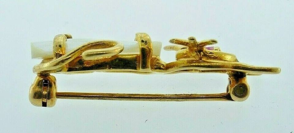 RETRO 14K YELLOW GOLD, MOTHER OF PEARL & RUBY CAT PIN (1 of 2)