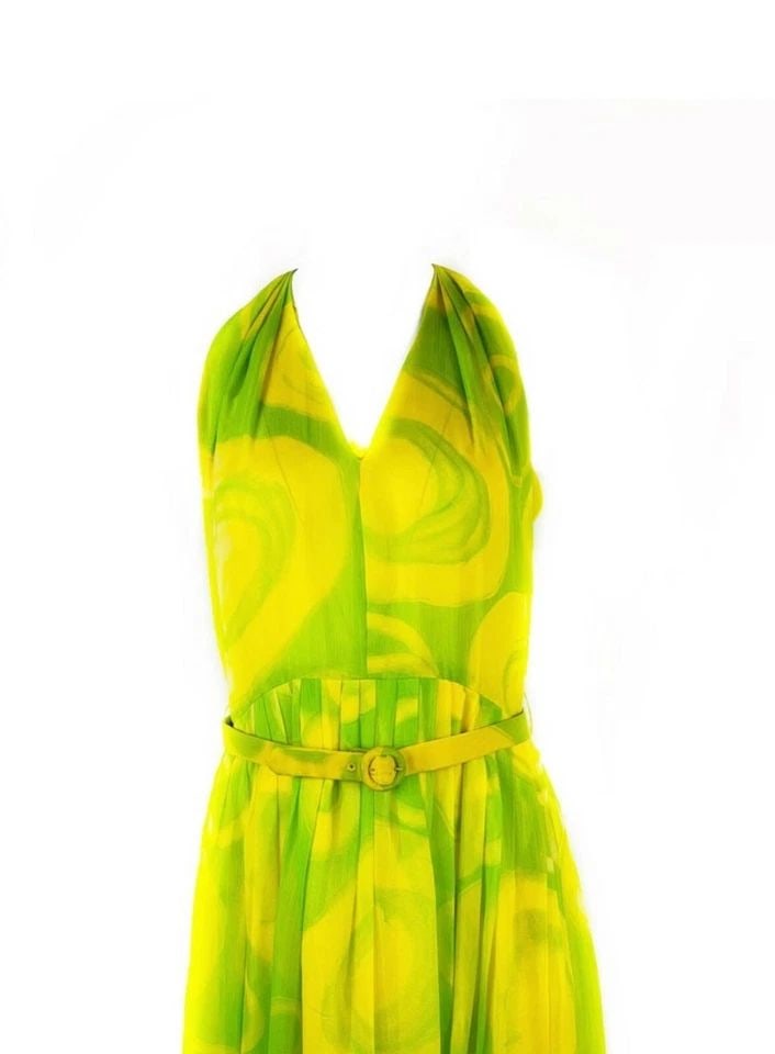 VINTAGE KIKI HART YELLOW AND GREEN SLEEVELESS MAXI DRESS W/ BELT (1 of 2)