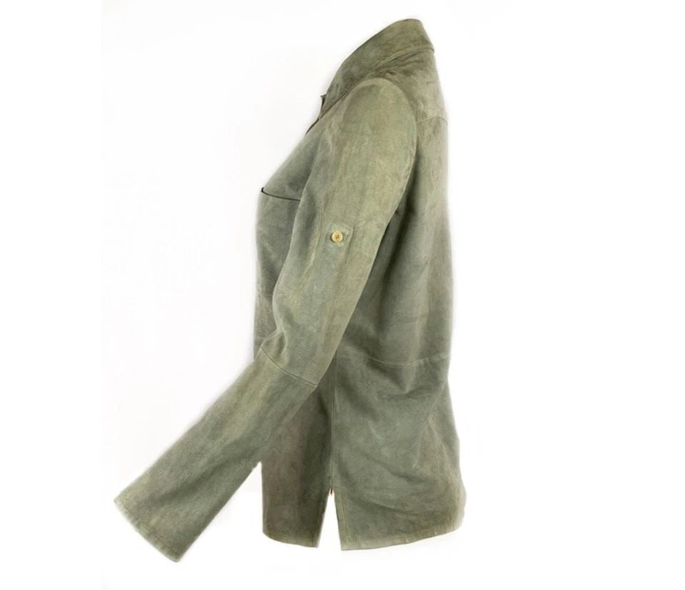 CELINE GREY GREEN OLIVE SUEDE BUTTON-DOWN SHIRT TOP SIZE 38 (1 of 2)