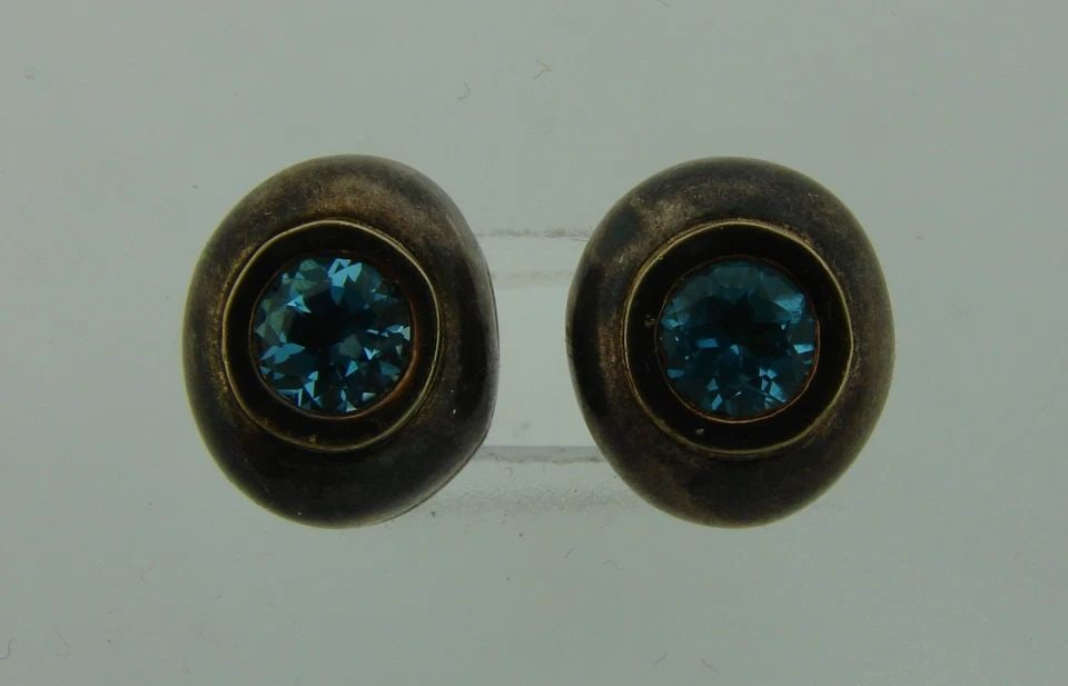 LOVELY BLUE TOPAZ SILVER YELLOW GOLD STUD EARRINGS STUDS SIGNED UNUSUAL CHIC (1 of 2)