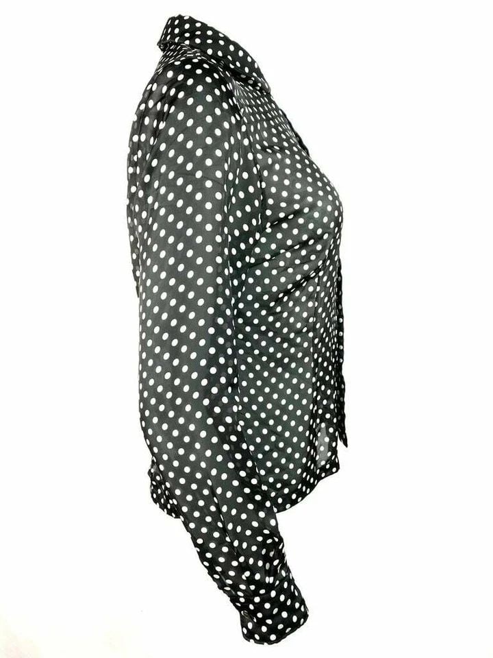 COMME DES GARCONS BLACK AND WHITE POLKA DOT BLOUSE TOP, SIZE SMALL: COMME DES GARCONS BLACK AND WHITE POLKA DOT BLOUSE TOP, SIZE SMALL COMME DES GARCONS BLACK AND WHITE POLKA DOT BLOUSE TOP, SIZE SMALL The blouse features front button-down closure, collar and long sle