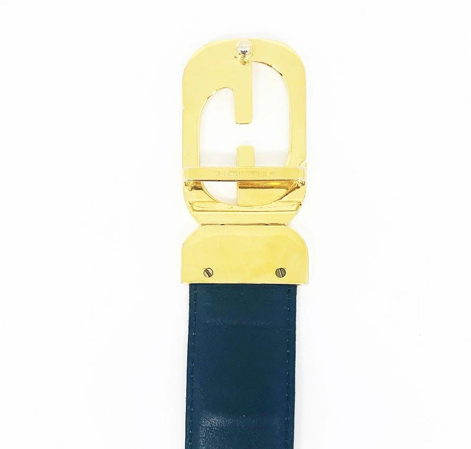 VINTAGE 1970'S GUCCI REVERSABLE GREY NAVY LEATHER GOLD G BUCKLE BELT (1 of 2)