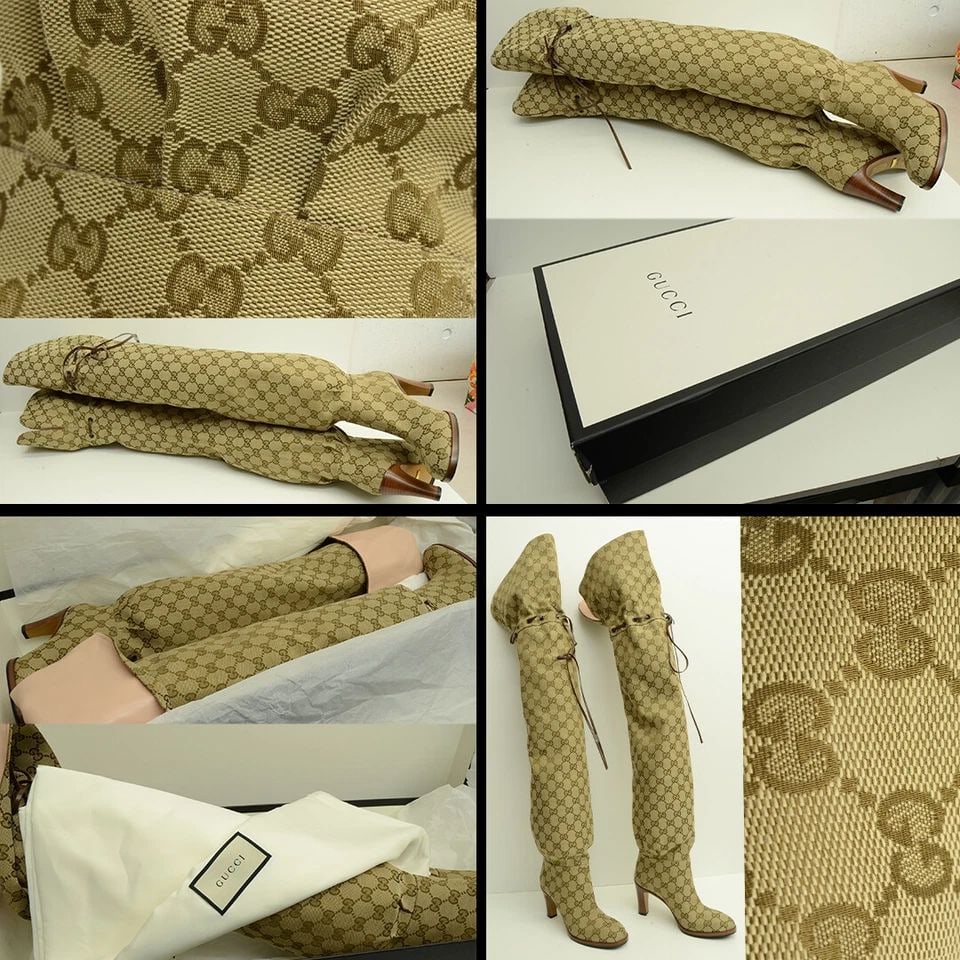AUTHENTIC GUCCI KNEE HIGH BOOTS WOMENS 523513 KY9V0 9770 TAN CANVAS GUCCISSIMA (1 of 2)