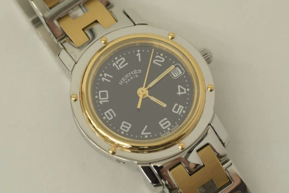 AUTHENTIC HERMES H LOGO BAND WATCH 23MM GP BLACK DIAL GOLD SS WOMENS QUARTZ DATE: AUTHENTIC HERMES H LOGO BAND WATCH 23MM GP BLACK DIAL GOLD SS WOMENS QUARTZ DATE Authentic Hermes H Logo Band Watch 23mm GP Black Dial Gold SS Womens Quartz Date Authentic Hermes H Logo Band Watch 23m