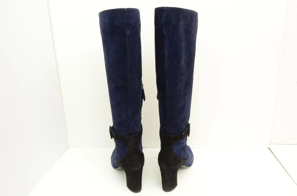 AUTHENTIC HERMES SUEDE BOOTS LONG NAVY ZIP BLACK BELT BUCKLE SHOES BLOCK HEELS (1 of 2)