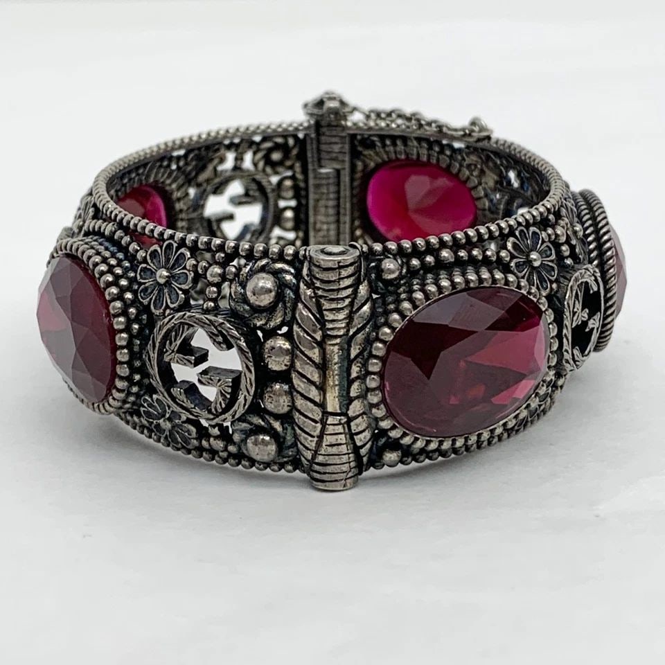 AUTHENTIC GUCCI BRACELET CUFF BANGLE 925 STERLING SILVER GG LOGO PINK GEMSTONE (1 of 2)