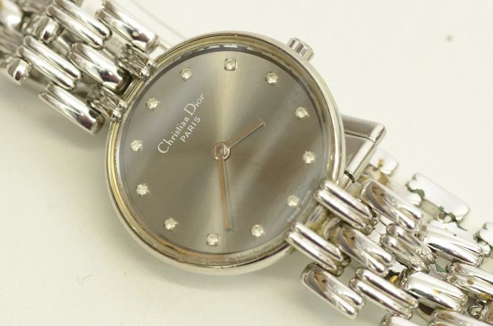 AUTHENTIC CHRISTIAN DIOR SS 23MM WATCH ROUND RHINESTONE HOUR CHAIN LINK BRACELET (1 of 2)