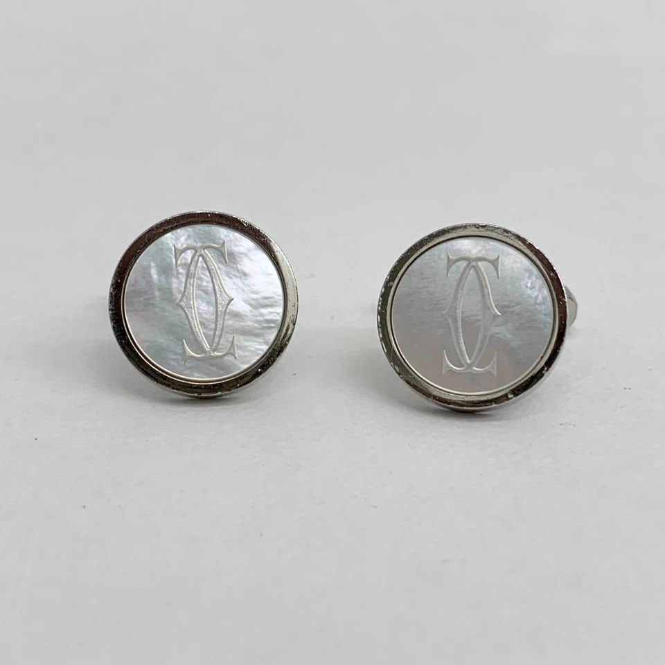 AUTHENTIC CARTIER STERLING SILVER 925 CUFFLINKS ROUND C DECOR LOGO ACCESSORIES (1 of 2)