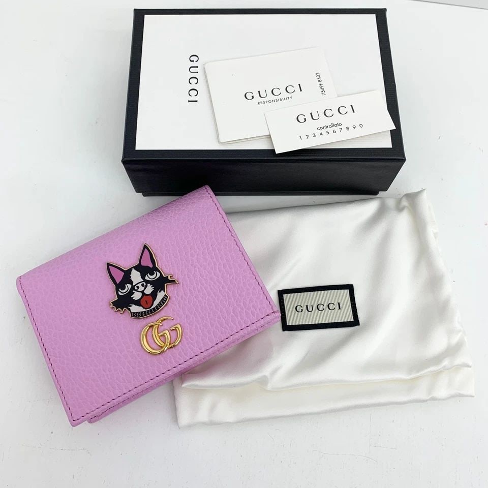 AUTHENTIC GUCCI BOSCO WALLET CLIP BIFOLD ZIP PINK LEATHER GOLD GG LOGO DOG (1 of 2)