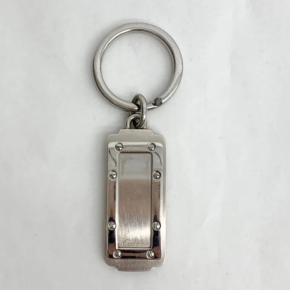 AUTHENTIC CARTIER STAINLESS STEEL GALBEE KEYCHAIN SILVER TAG DOTTED BORDER RING (1 of 2)
