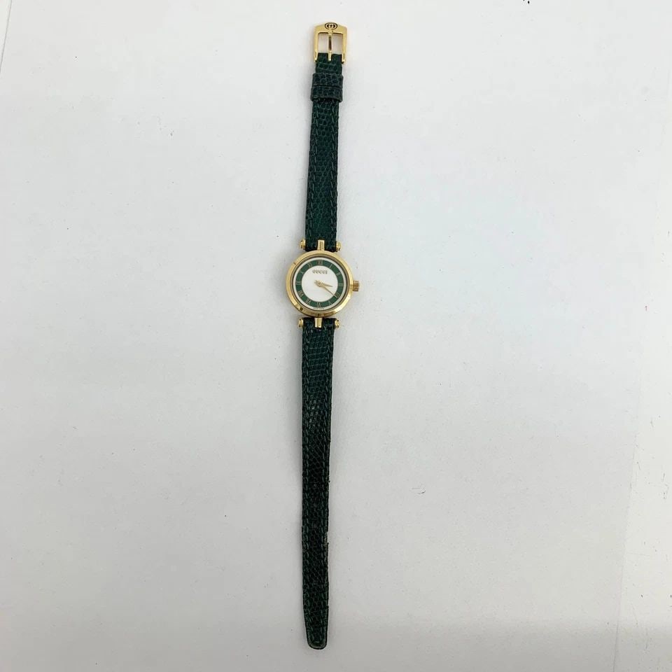 AUTHENTIC GUCCI WATCH 21MM LEATHER ROMAN NUMERAL QUARTZ GREEN GP WRISTWATCH: AUTHENTIC GUCCI WATCH 21MM LEATHER ROMAN NUMERAL QUARTZ GREEN GP WRISTWATCH AUTHENTIC GUCCI WATCH 21MM LEATHER ROMAN NUMERAL QUARTZ GREEN GP WRISTWATCH