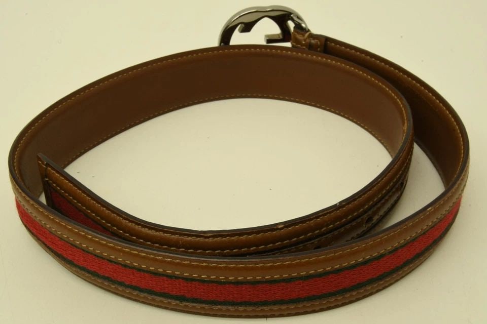 AUTHENTIC GUCCI DOUBLE G BUCKLE BELT WEB STRIPE BROWN LEATHER SP LOGO ACCESSORY (1 of 2)