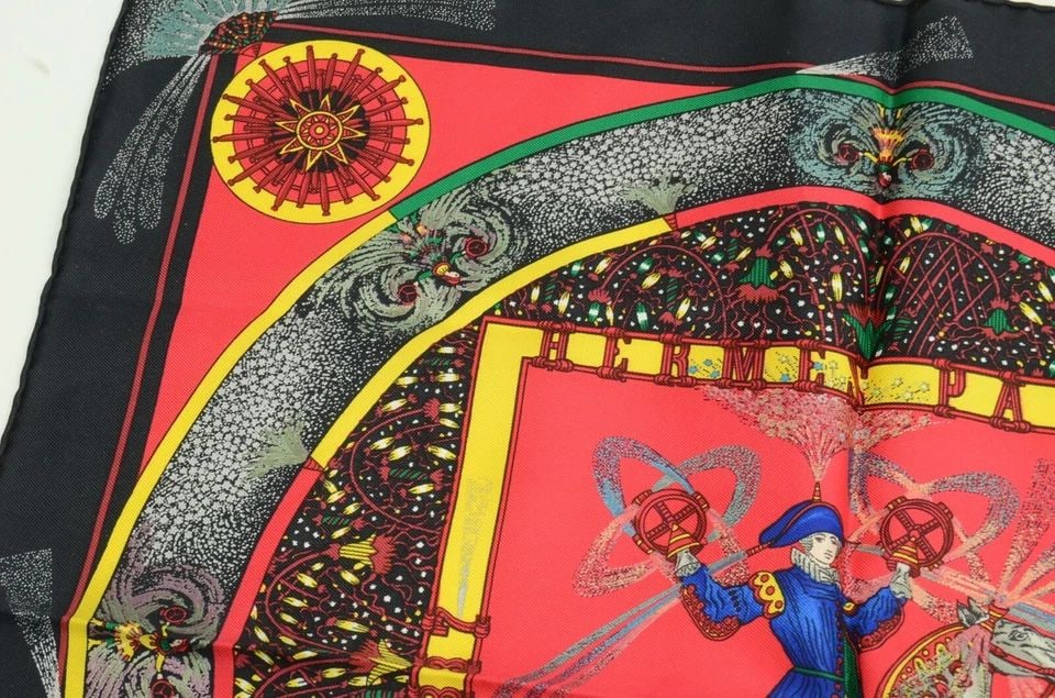 AUTHENTIC HERMES 100% SILK SCARF FEUX D'ARTIFICE BLACK RED DUCHENE VINTAGE 42CM (1 of 2)