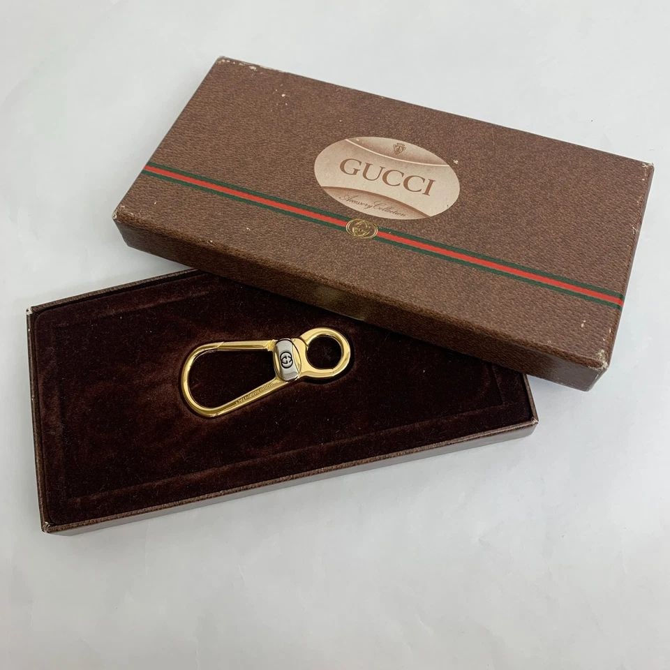 AUTHENTIC GUCCI LOGO CARABINER GP KEYCHAIN ACCESSORY GOLD PLATED SILVER PARF (1 of 2)