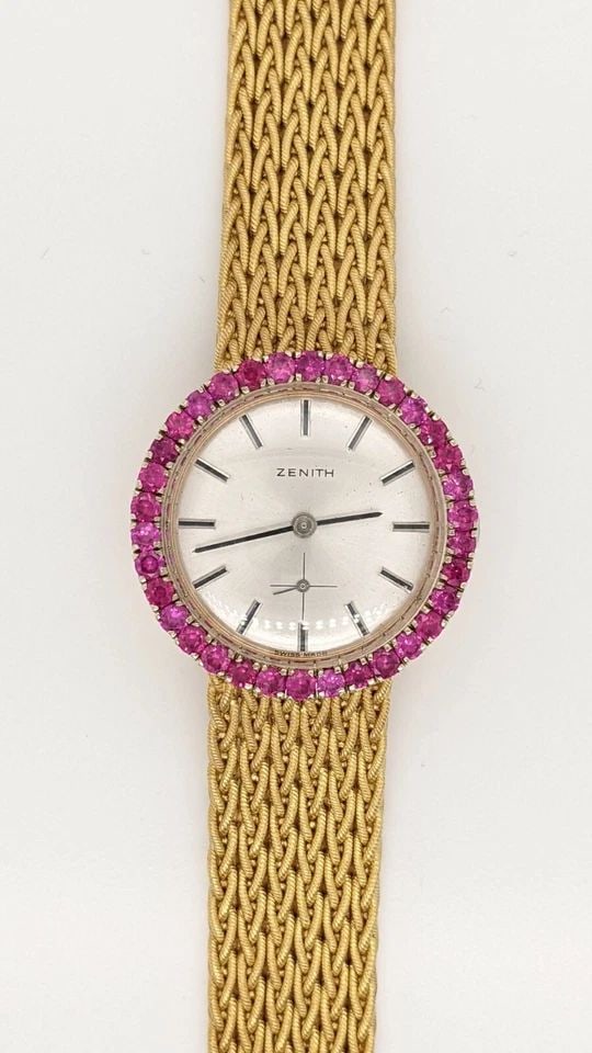 VINTAGE ZENITH 18K GOLD & PINK SAPPHIRE HAND WINDING WATCH - 26MM - 34043 (1 of 2)