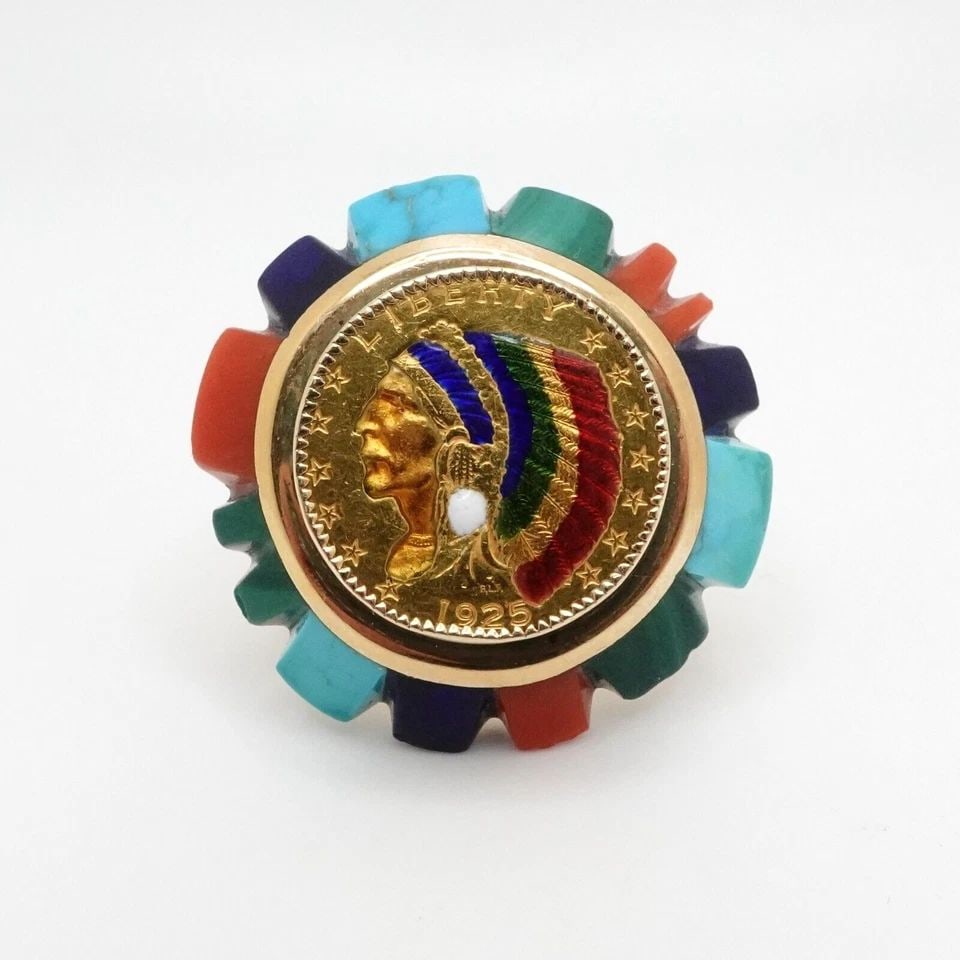 1925 INDIAN HEAD GOLD COIN ON 14K RING ENAMEL MULTI GEMSTONE RING - SIZE 7.5 (1 of 1)