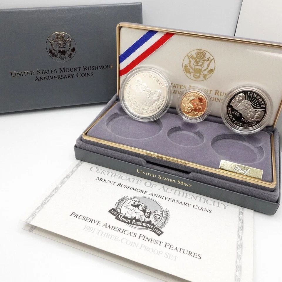 1991 U.S MINT MOUNT RUSHMORE ANNIVERSARY GOLD & SILVER 3 COIN PROOF SET OGP COA: 1991 U.S MINT MOUNT RUSHMORE ANNIVERSARY 3 PROOF COIN SET - OGP & COA 1991 U.S Mint Mount Rushmore Anniversary Three Coins Proof Set OGP & COA Included