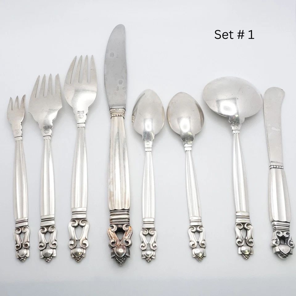 GEORG JENSEN JOHAN ROHDE STERLING SILVER ACORN 8 PIECE FLATWARE SET NO MONOGRAM (1 of 1)
